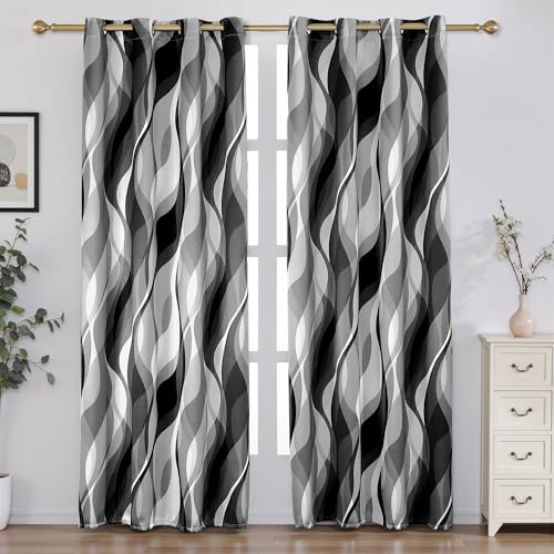 weesire Black and Grey Blackout Curtains Modern Striped Decorative 100% Light Blocking Darkening Grommet Grey Curtain for Living Room Villa, Bedroom Gray and White 2 Panels Set, 52x84 Inches
