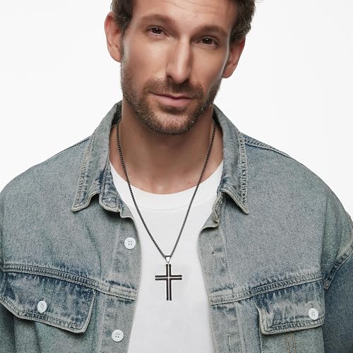 Wooden Cross Necklace for Men, Natural Ebony Mens Cross Necklaces Black Stainless Steel Christian Wood Crucifix Pendant，with Necklace 24" Box Chain4