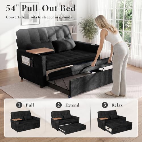Image of Dreamzie 54'' Convertible Sleeper Sofa Bed with Swivel Side Table, Chenille Pull Out Couch for Living Room, Loveseat Sleeper Couch with Side Pocket | Charging Port | Cup Holder, Black