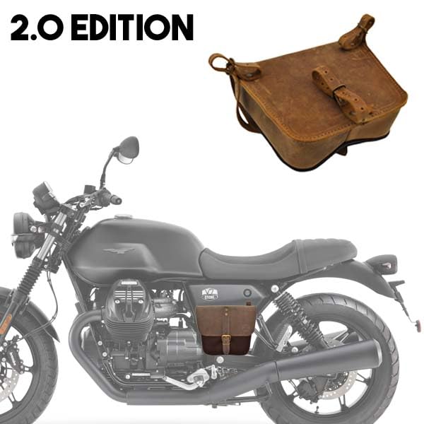 ExMoto Borsa da Fianchetto Laterale Marrone Motocicletta in Pelle e Cotone Cerato compatibile con Moto Guzzi V7 III - V9 - V7 850 (Brown Stone)