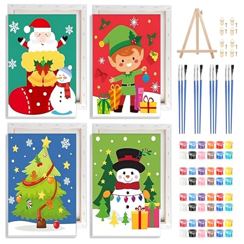 NAIMOER Paquete de 4 kits de pintura temática navideña por números para adultos con marco, árbol de Navidad, muñeco de nieve, pintura por números para niños de 6 años, fácil pintura al óleo sobre