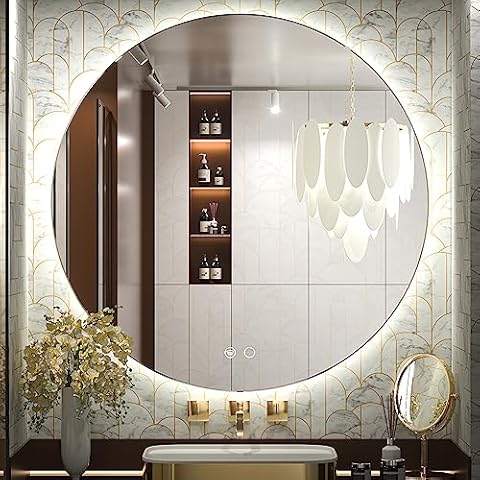 Keonjinn 36 Inch LED Round Mirror for Bathroom 3 Color Lights, UL Listed LED Driver, Backlit Lighted Vanity Mirror Large Circle Mirror Dimmable Wall Mounted Vanity Mirror Anti-Fog Illuminated Mirror Cover