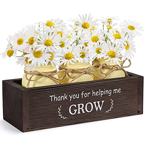 THYGIFTREE Teacher Retirement Gifts from Student, Thank You for Helping Me Grow Mason Jar Flower Arrangement Farmhouse Planter Box Decor Thank You Gifts Ideas for Friend Mom Dad Grandpa