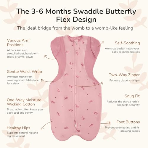 Image of Transition Swaddle Sleep Sack, 3-6 Months, 12-18 lb, Arms In /Out, 2-Way Zipper, Moisture-Wicking Fabric, Improves Sleep, Snug Fit, Helps Calm Startle Reflex (Pink Print)