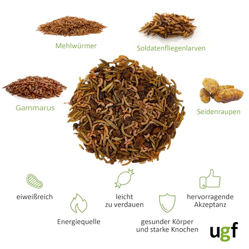 UGF - Insektenmischung mit Gammarus - 80g im 500 Milliliter Eimer, Igelfutter, Rennmausfutter, Hamsterfutter, Rattenfutter, Eidechsenfutter - Mehlwürmer, Soldatenfliegenlarven, Seidenraupen, Gammarus