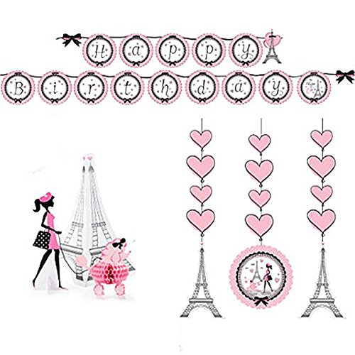 Party in Paris Party Decorations Supply Pack - Hanging Cutouts, Banner, and Centerpiece