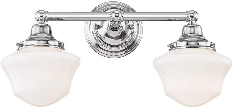 Schoolhouse Bathroom Light Chrome White Opal Glass 2 Light 17 Inch Length