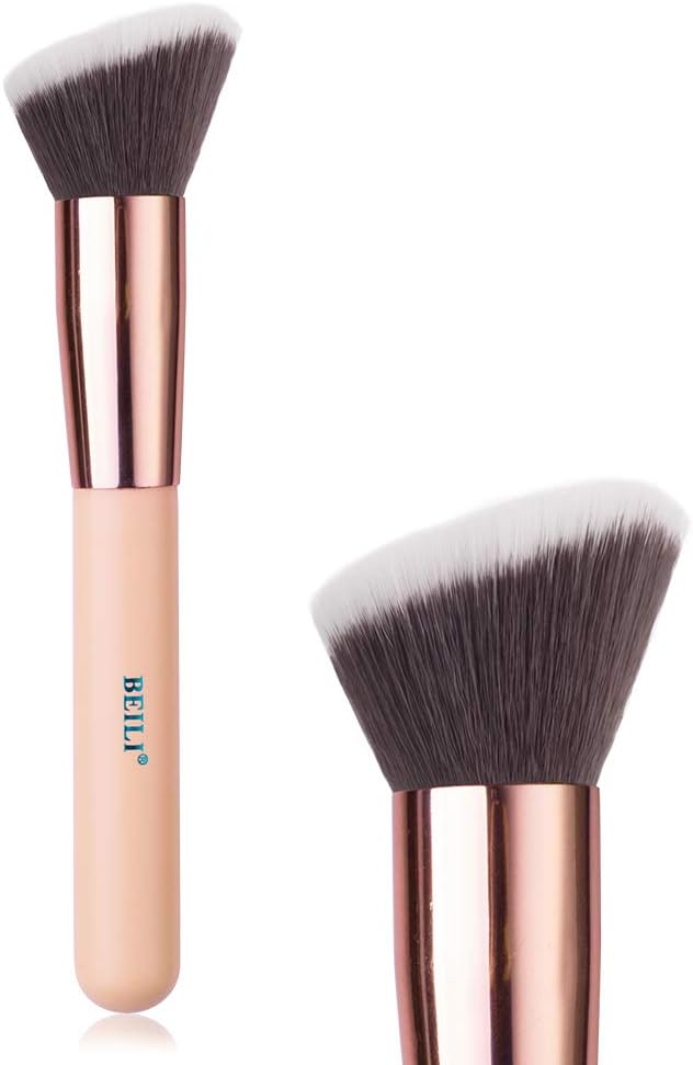 BEILI Flat Angled Kabuki Foundation Brush - Use For Contouring, Blending, Buffing with Powder Cream Liquid Cosmetics - Super Soft Dense Synthetic Bristles Face Brush Vegan Make Up Brush(Rose Gold)