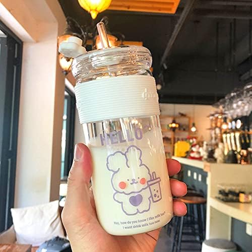 Kawaii Water Bottle Cartoon Bear Cute Water Bottles Milk Juice Coffee Glass Water Bottle with Straw, Portable Leakproof Water Cup for Girls Boys, BPA Free, 15 oz (Milk Tea Rabbit)