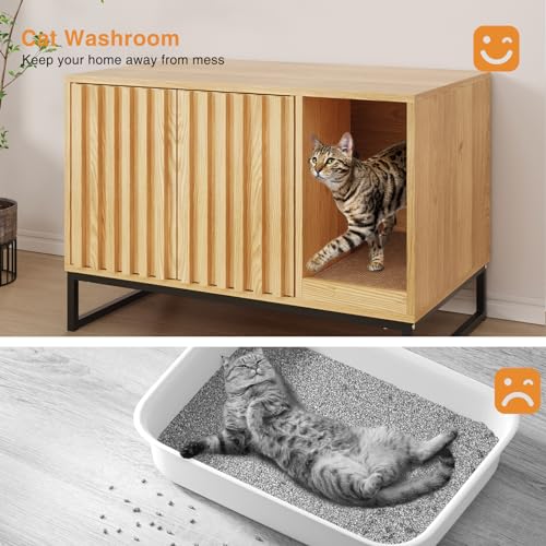 Litter Box Enclosure, Modern Cat Litter Box Enclosure Furniture Hidden Litter Box with Scratch Pad, Cat Washroom House End Table, Entryway Bench for Livingroom (Natural)
