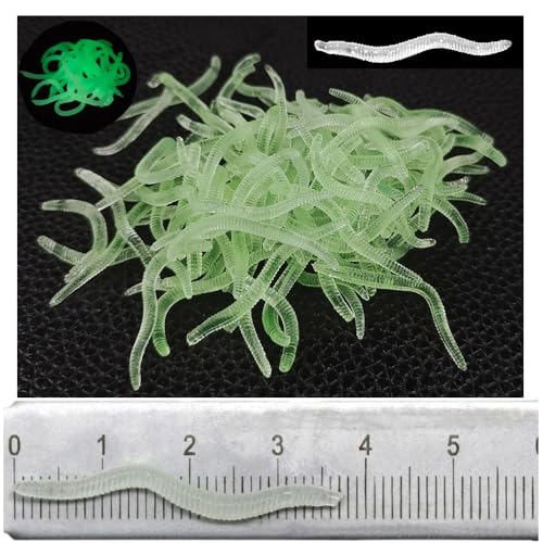 ※ Specifiche: circa 200 pezzi. Dimensioni del prodotto: il lombrico è di circa 40 mm di lunghezza. Quando si pesca di notte, l'esca emana un colore verde trasparente, più attraente per i pesci. (L'assorbimento della luce è necessario prima dell'uso)