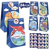 24 Pcs Dinosaur Party Bags Gift Bags Dinosaur Goodie Bags Candy Treat Bags Dino Kids Birthday T-Rex Roar Party Favor Supplies Including Dinosaur Stickers