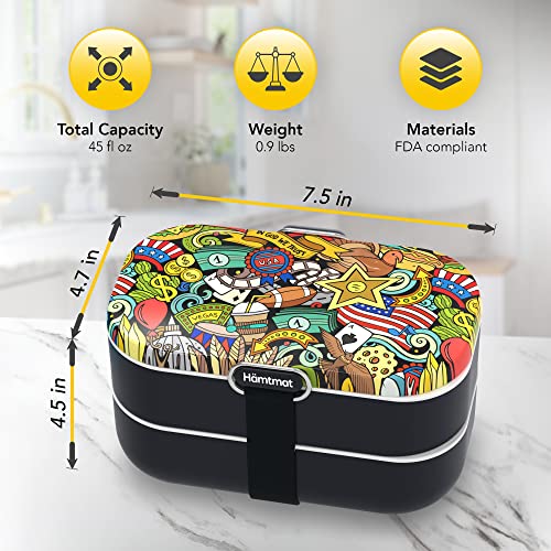 Hämtmat [Upgraded] Bento Lunch Box All-In-One: 2 Food Containers, Sauce Cup, Spoon+Fork+Chopsticks. 100% Leakproof Lids. Portable For Work, Lunch, Travel - American Comic Box Style #TOP5