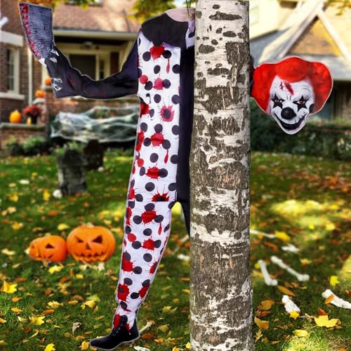 Adecortalk Halloween Tree Wrapping Scary Clown Decorations 51.2 Headless Clown Hugging Tree Holding Head in Hand Horror Clown Decor for Lawn Patio Porch Post Clown Party Supplies Haunted House Props