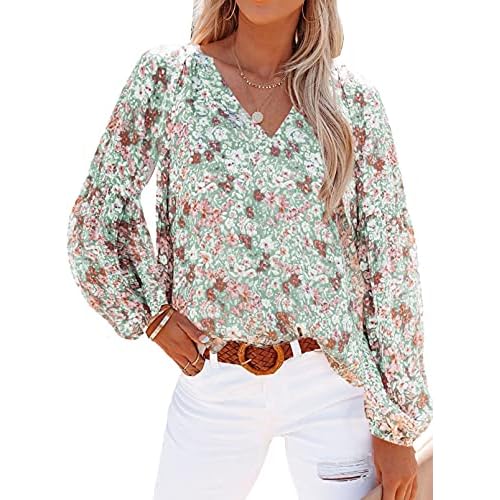 Womens Casual Boho Floral Print Blouses V Neck Long Puff Sleeve Loose Shirts Tops Large Multicolor