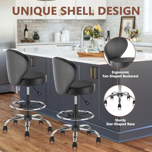 Image of KLASIKA Black PVC Faux Leather Drafting Chair Set of 4 Rolling Swivel Salon Stool with Back Support Foot Rest Adjustable Hydraulic Seat Height for Massage Facial Spa Medical Drafting Tattoo Beauty