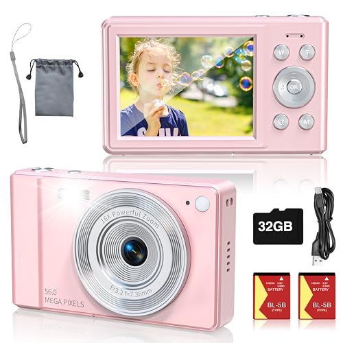 Cámara digital mejorada, cámara de 56 MP FHD 1080P para niños con zoom de 16x antivibración, cámara infantil con tarjeta TF de 32 GB, dos baterías, cordón, cámara pequeña compacta para niños y niñas