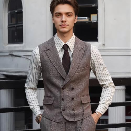 Tweed Mens Suit 3 Piece Herringbone Suits for Men Double Breasted Prom Suit Blazer Peak Lapel Vest Pants Set2
