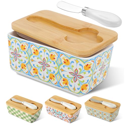 KZJZKJ Ceramic Butter Dish with Lid, Large Green Butter Keeper for 2 Sticks
