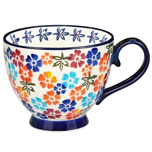 JUSONEY 18OZ Soup Bowls with Vintage Floral Embossed Design, Soup Mugs with Handles Microwave Safe, Large Handle & Thick Base, Under-Glaze Art，Perfect for Cereals, Fruits, Ice Cream, Soup, etc.(E)