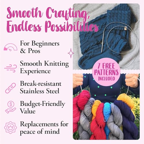 Image of KnitPal 47-Inch Circular Knitting Needles Set of 5 | Extra-Long Stainless Steel with Flexible Cable | US Sizes 4-8 (3.25-5mm) | Perfect for Magic Loop & Large Projects
