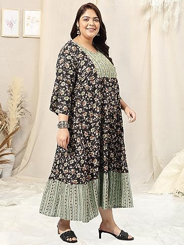Image of MIRCHI FASHION Plus Size Women's Cotton Sequins Embroidered Foil Printed Anarkali Kurti