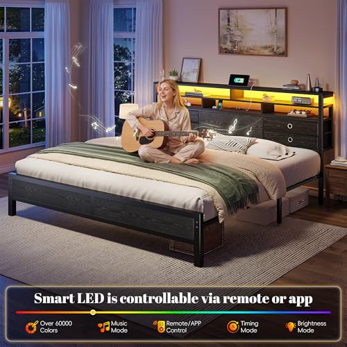 Image of Homkdom King Bed Frame with Storage Headboard, Charger & LED Lights, Black | 3-tier shelves and 4 drawers,2 USB&1 Type-C ports,Heavy-duty metal loads 880lbs,Noise-free,No box spring needed,Easy assembly