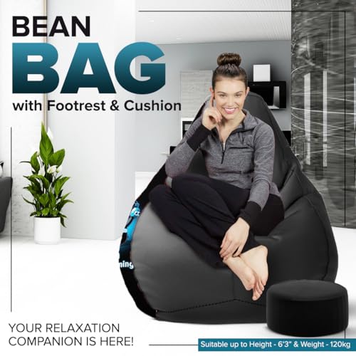 Image of Amazon Brand - Solimo 3XL Premium Faux Leather Bean Bag Combo with Footrest & Cushion, Filled with Beans | Capacity: Upto 6 Ft 3 in Height, 120 KG Weight | Yeah I'm Listening Print