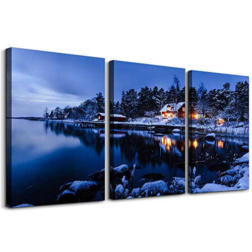 Snow In Winter Wall Art For Living Room Canvas Prints Artwork Bathroom Wall Decor Quiet Blue Lakes And Villages Painting 3 Pieces Framed Bedroom Wall Decorations Office Home Decor #TOP13
