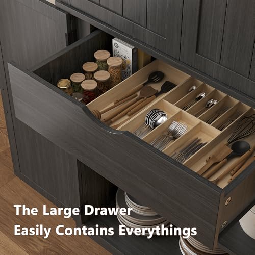 Image of iPormis 71 inch Tall Arched Cabinet with Doors, Farmhouse Kitchen Pantry with 6-Tier Door Shelves & Drawer & Adjustable Shelves, Modern Wood Storage Cabinet for Dining, Living Room, Bathroom, Oak Grey