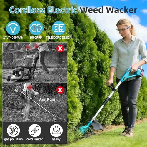 Image of 3- in-1 Electric Weed Eater, Brushless Weed Wacker Cordless, Brush Cutter with 2Pcs 4.0Ah Batteries, 1200W Motor, 6 Blades, Battery Powered Grass /String Trimmer Lawn for Yard and Garden