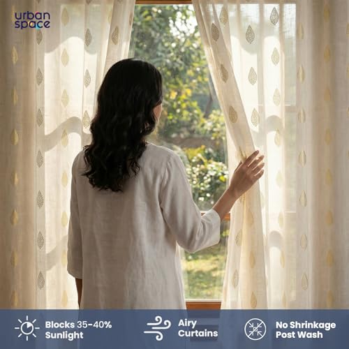 Image of Urban Space Gold Foil Sheer with Texture, Curtains for Window, 35-40% Room Darkning, Set of 2 Decorative Curtains with Tieback and Eyelets (Vanya Buttercream, Window- 5 Feet)