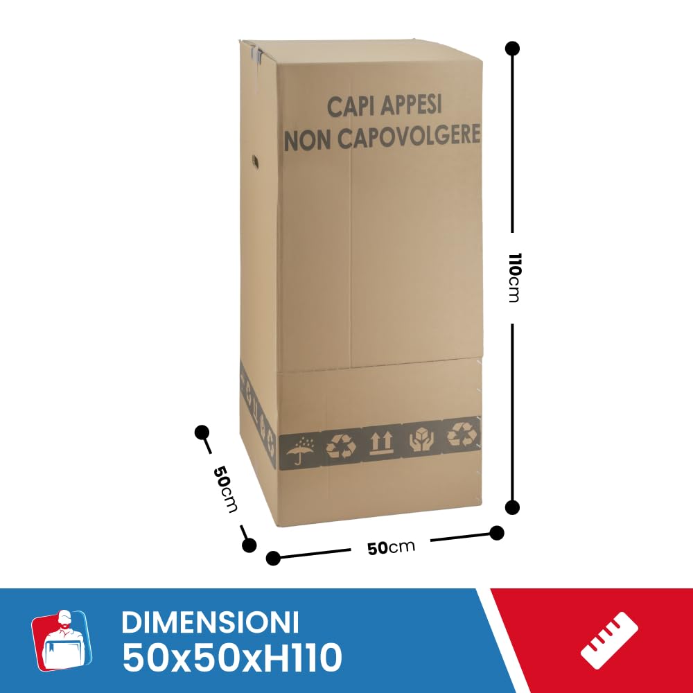 IMBALLAGGI 2000 Scatole Cartone Porta Abiti con Barra Appendiabiti 50x50 cm h 110 cm Scatoloni Doppia Onda per Trasloco Armadio 2 pezzi + Nastro Adesivo