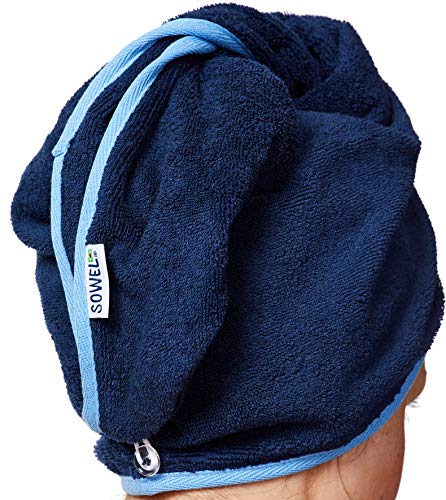 Sowel® Haartulband van 100% biologisch katoen, GOTS-gecertificeerd, tulband handdoek met knoop, dames, marineblauw/blauw - Image 3