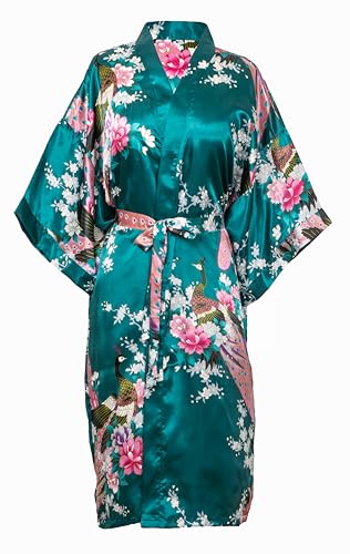 CCcollections Kimono Robe lang 16 Farben Prämie Pfau Brautjungfer Brautdusche Damen Geschenk (Dunkelgrün)