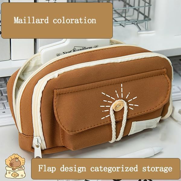 Image of OSDUE Kawaii Cute Aesthetic Pencil Case 3 Layer 6 Compartment Large Capacity for Students | Pencil Pouch with Zipper | Cartoon Stationery Organizer Bag for Kids, Pencil Case for Girls & Boys (Brown)