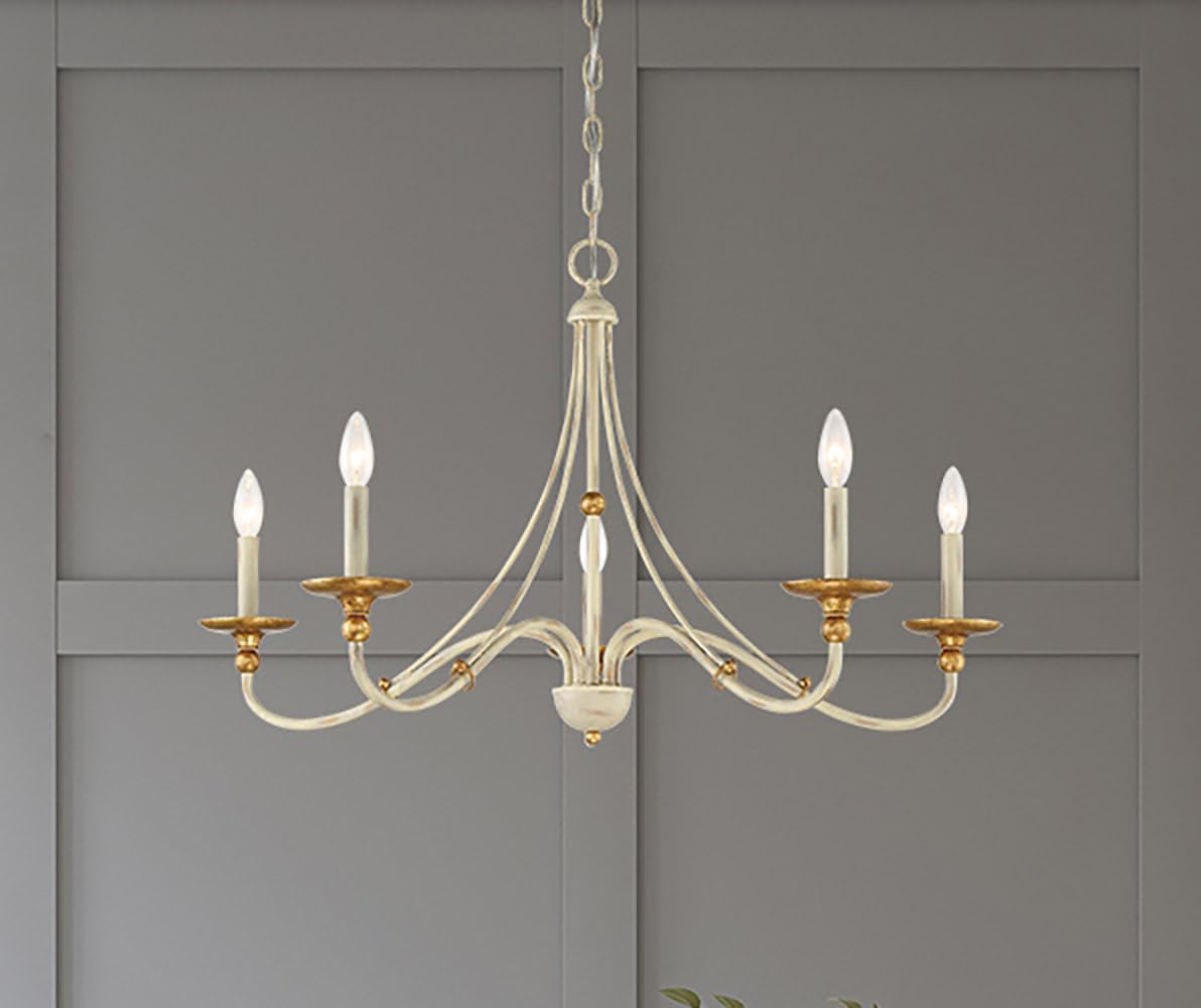 Minka Lavery 1045-701 Westchester County Chandelier, 5-Light, 300 Total Watts, 28-in H x 20-in W, Farm House White with Gilded Gold Leaf