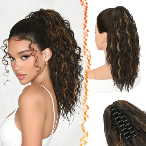 BARSDAR Claw Clip Brown Highlights Curly Ponytail Extension 18'' Synthetic