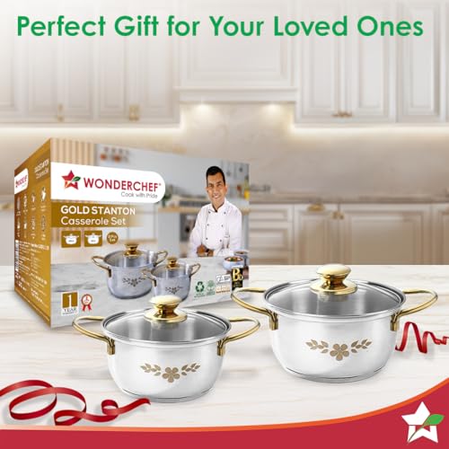 Image of Wonderchef Gold Stanton 2 Pc Casserole Set with Glass Lids, 20 cm /22 cm, Chemical-Free Food-Grade Stainless-Steel, Gold Finish, Use for Cooking & Serving, Stackable, Gift for Occasions, 1-Yr Warranty