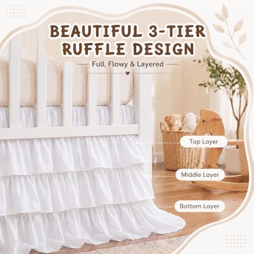 Image of Hahafelt White Crib Skirt for Baby Girls Boys, 100% Washed Cotton Bed Skirt