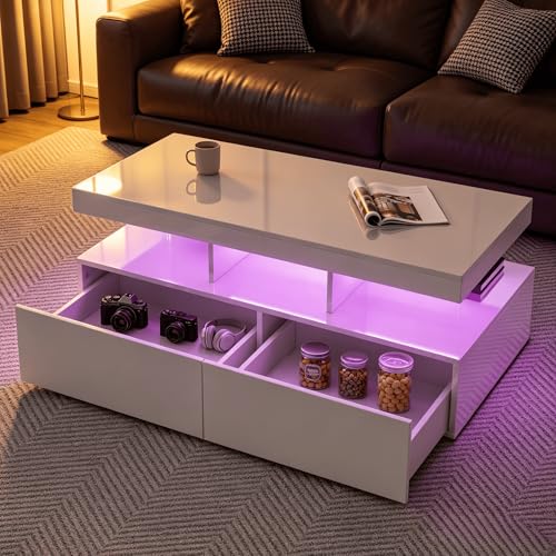 HYNHXBP Table basse Blanc, table de salon brillant avec éclairage LED RGB, table basse avec 2 tiroirs, table d'appoint canapé avec espace de rangement,...