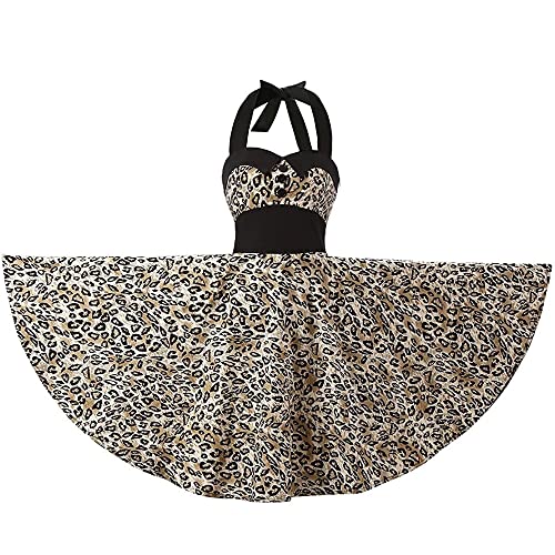 Women's 50s Vintage Retro Collar Halter Rockabilly Dresses Swing Floral Polka Dot Cocktail Dress, Leopard, X-Large