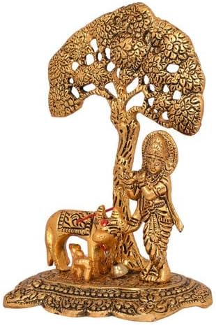 Miniatura 3 de Ídolo de Krishna con vaca Kamdhenu hecha de metal, estatua de Krishanji tradicional con acabado antiguo para decoración del templo de la oficina en