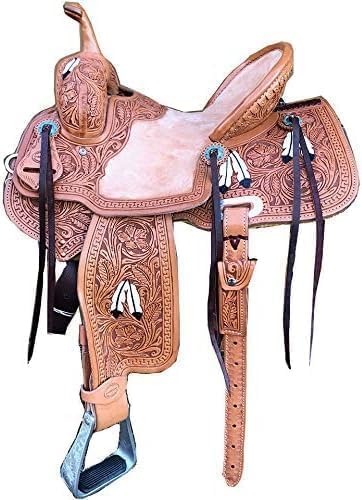 Western Leather Saddle with Matching Headstall Breast Collar and Bridle Set for Equestrian Purpose Available from 11" to 18"