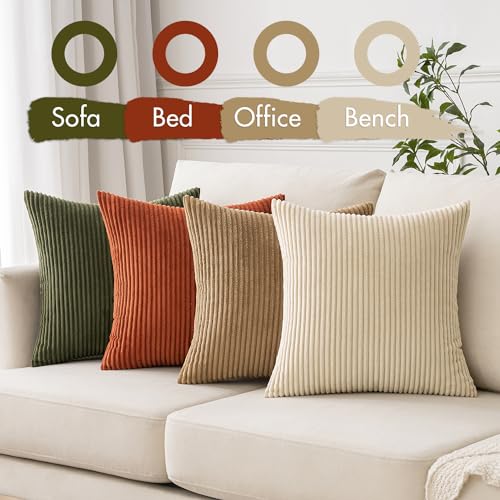 MIULEE Corduroy Cushion Covers Soft Decorative Square Throw Pillow Covers Cushion Soft Pillowcase Striped Pack of four for Home decor Sofa 45cm x 45cm,18x18 Inches Brown green series - Image 2