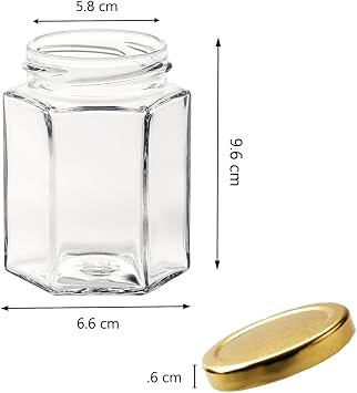 Offer Shop Glass Jam Jars Set of 6 Mason Glass Jars with Gold Lids - 280ml / 9oz Hexagonal Jars of Screw Top Lid to Preserve Jam Spices Sweets
