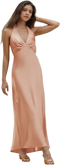Women Satin Halter Neck Maxi Dress - V-Neck Backless Bodycon Long Dress