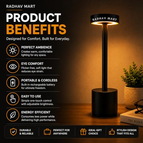 Image of Rechargeable Cordless Table Lamp, Dimmable Touch Control LED Lamp, Waterproof Portable Metal Desk Light for Bedroom, Dining Table, Restaurant, Hotel, Study & Outdoor Use (LED Desk Lamp)