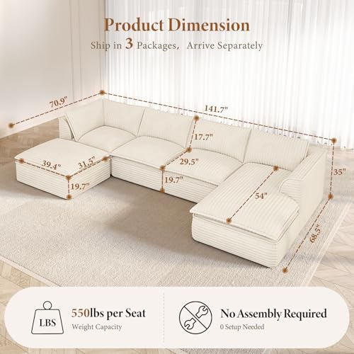 Image of Vesgantti 141.7 inch U Shaped Sectional Boneless Couch, Modern 6 Seater Modular Sofa with Chaise & Ottoman, Deep Seat Plush Corduroy Cloud Couches for Living Room, No Assembly Required, Beige