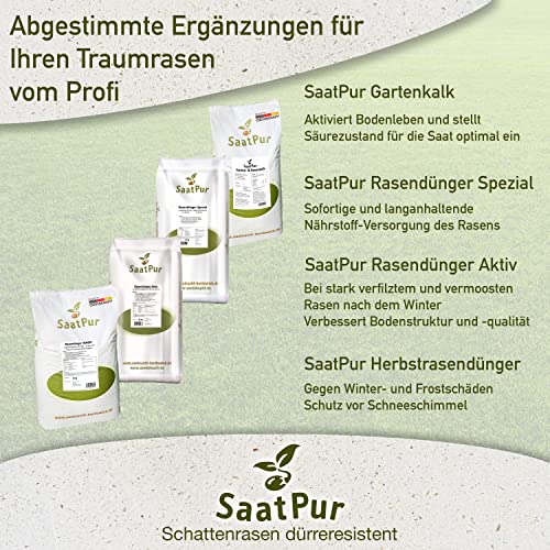 Foto von SaatPur® Rasensamen Schattenrasen Dürreresistent 5kg für ca. 150 m², Mehrjährige Rasemischung aus mehreren Rasenarten, meistens 4 bis 5, satt grün, schnellkeimend, hitzetolerant, Neusaat und Nachsaat